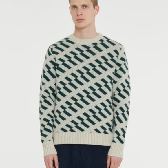 CASTART Antwerp Ski Roundup Wool Geometric Stripe Sweater, Green/Ecru, Sz XL - Picture 1 of 9